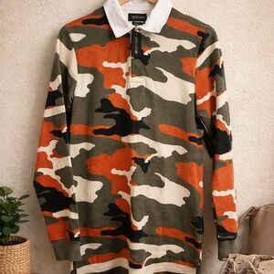 Bespoke Camouflage Long Sleeve Polo in Olive, Orange, Black & Cream